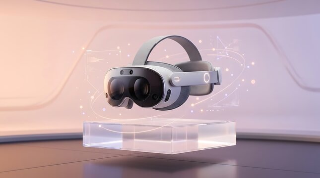 Virtual reality headset floats above a transparent platform with digital graphics