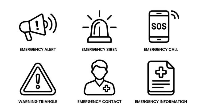 Emergency Icon Set with Alert Siren and SOS Contact Symbols