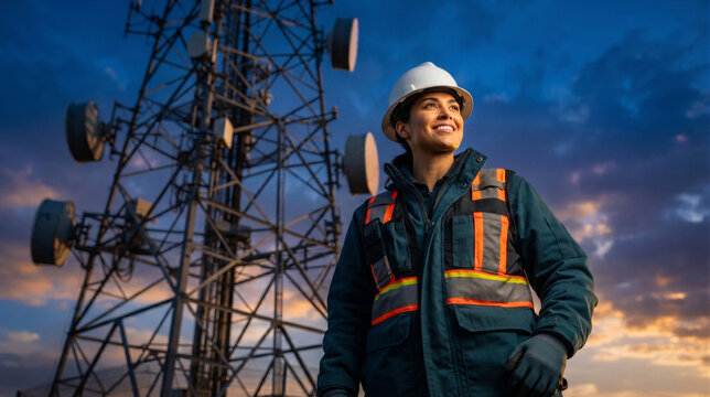 A smiling female telecommunications engineer wearing a hard hat and highvisibility safety vest standing in front of a cell tower