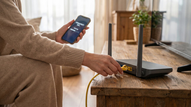 Person holding a smartphone while performing a connectivity test and plugging a yellow ethernet cable into a wireless router at home