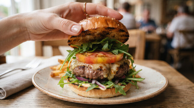 Closeup of a hand holding a gourmet cheeseburger with arugula, tomato, and red onion on a plate with fries in a restaurant setting