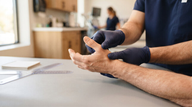 Physical therapist examining a patients thumb and wrist joint in a clinic setting