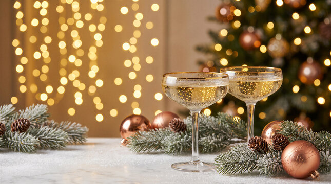 Two glasses of champagne with christmas decorations, pine branches, and golden baubles on a snowy table against a festive bokeh background