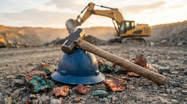 A sledgehammer resting on a blue hard hat in a mining quarry with an excavator in the background at sunset