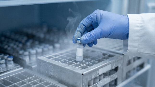 Scientist holding a frozen vial from a cryogenic freezer in a laboratory