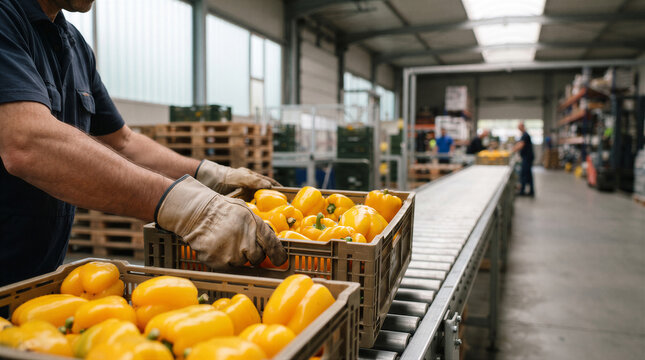 Worker handling a crate of fresh yellow bell peppers on a conveyor belt in a food processing warehouse or distribution center