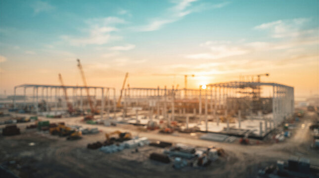 Construction site with steel structures and cranes at sunset, industrial building project in progress, blurred background