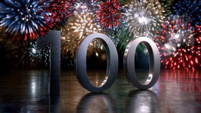 Metallic number 100 with vibrant colorful fireworks bursting in the dark night sky celebrating a milestone or special occasion with reflections on a polished su