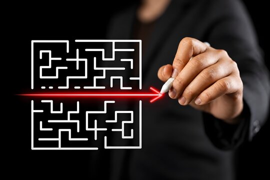 simple easy fast solution concept, problem solving, business man thinking about exit from complex labyrinth maze