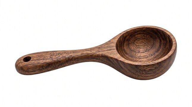 Handcrafted wooden measuring spoon with dark grain. Rustic walnut coffee scoop for kitchen use. Natural wood spice ladle on white background.