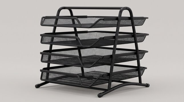Black metal mesh desk organizer, 4 tier document tray for office storage, industrial wire letter sorter for paper management
