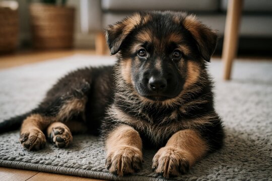 Cute German Shepherd puppy rests on a soft rug indoors. This young dog looks directly at the camera with expressive eyes, its fur fluffy and tan.