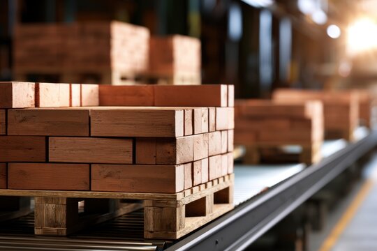 Stacks of red clay bricks neatly arranged on wooden pallets moving along a conveyor belt in an industrial warehouse with warm sunlight in the background