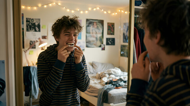 Teenage boy trying on plastic vampire teeth in front of his bedroom mirror