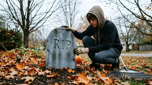 Teenage boy setting up a fake tombstone decoration in a yard filled with autumn leaves