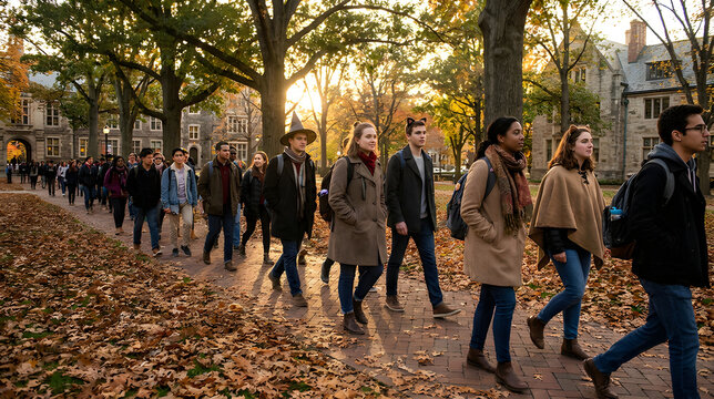 College students walking across campus in autumn with some wearing subtle Halloween accessories
