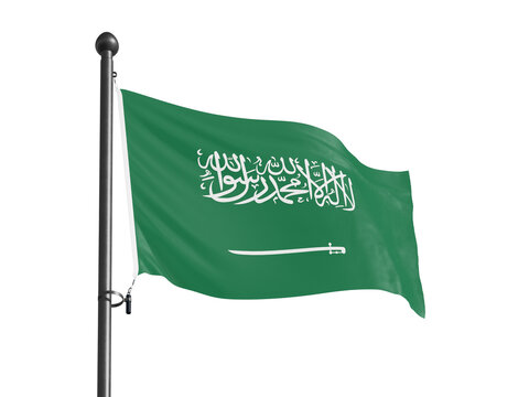 Saudi arabia national flag waving on flagpole against black background with realistic green fabric and sword symbol