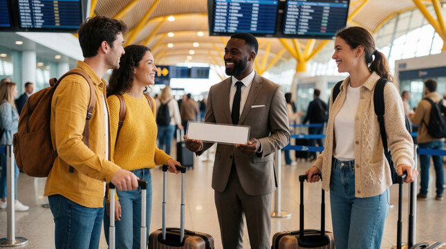 Smiling pro chauffeur in suit holds blank name sign at airport arrivals gate. Greets happy young couple with luggage. Friendly man provides private transfer service for tourists. Travelers arrive at