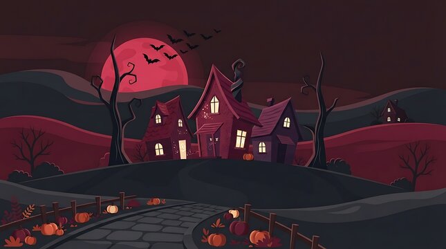 Dark Halloween Landscape with Red Moon and Spooky Houses image photo