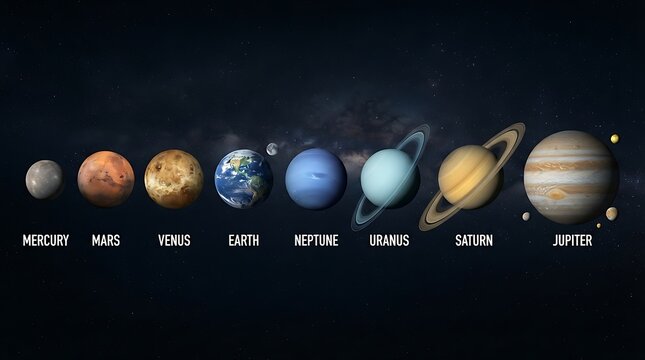 Solar system planets lineup with names in deep space