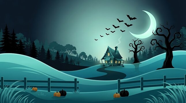 Spooky Halloween Night Landscape with Haunted House and Bats moon