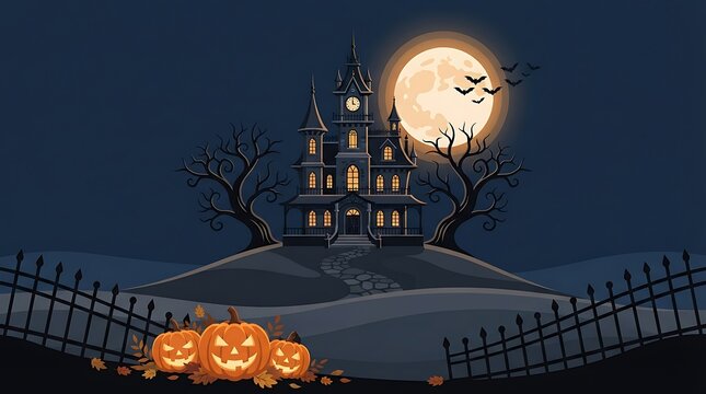 Spooky Halloween Castle on a Hill with Jack-o- Lanterns and Full Moon haunted castle haunted house