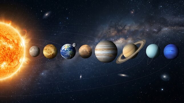 Solar system with sun and all planets in deep space