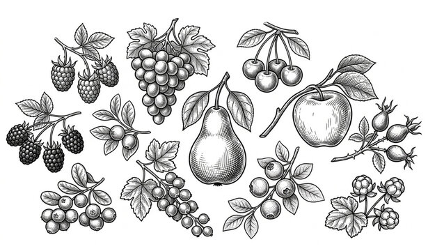 Ornamental Vintage Fruit and Berry Engraving Botanical Vector Set