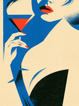 Stilisierte Retro-Illustration einer eleganten Frau mit Cocktailglas in kr&auml;ftigem Blau, Rot und Creme. Mid-Century-Design, Nachtleben, Bar, Glamour, Mode und urbane Eleganz.
