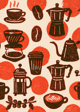 Retro-Kaffeemuster mit Espressokocher, Tassen, Kaffeebohnen und French Press in Rot, Braun und Beige. Handgezeichnete Illustration f&uuml;r Caf&eacute;, Barista, Fr&uuml;hst&uuml;ck und Verpackungsdesign.