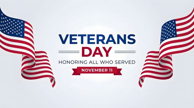Red, white, and blue veterans day poster with ribbon and date stars