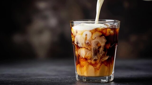 Pouring cream into glass of cold brew coffee on dark textured surface milk beverage liquid caffeine iced