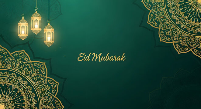 Eid Mubarak greeting with golden lanterns and ornate floral vector design on dark teal