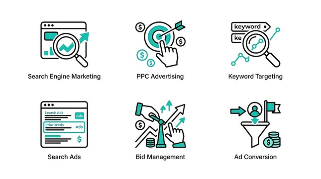Search Engine Marketing and PPC Advertising Flat Icon Set