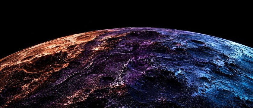 Panoramic close-up view of a heavily cratered planetary surface bathed in dramatic orange, purple and blue illumination across rugged terrain along a black space horizon