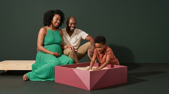 Joyful Black family with pregnant mother playing on studio beach set
