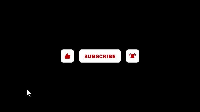 Animated sequence of like, bell, and subscribe buttons with cursor clicks