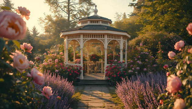 White garden gazebo surrounded by blooming pink roses and lavender plants at sunset in a scenic landscape with landscape lavender architecture