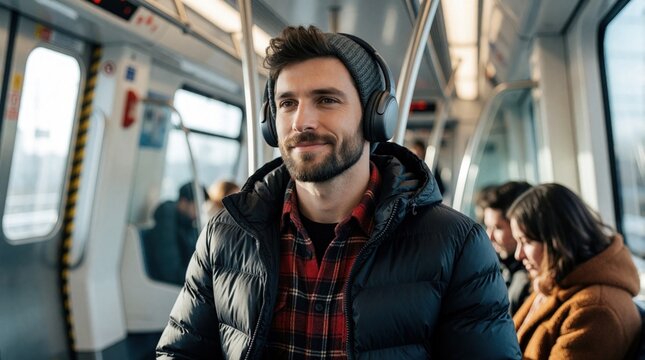 Young man rides subway wearing headphones. He is dressed in puffer jacket and checkered shirt. Interior of train is modern, clean, with natural light. He looks calm and confident.