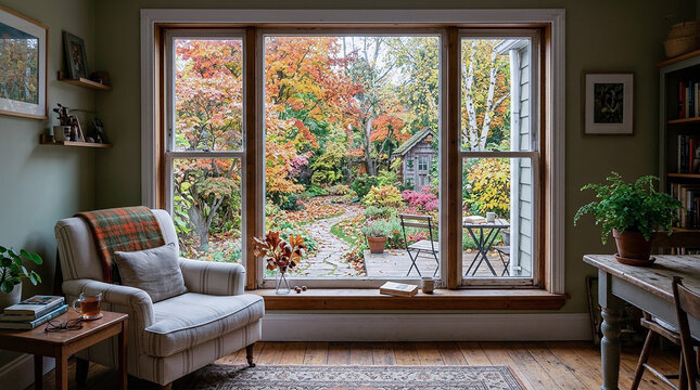 Cozy reading corner with armchair beside window overlooking colorful autumn garden, home interior with fall foliage view and vintage decor
