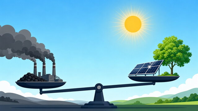 Balance scale concept showing carbon emissions offset by solar energy panels and green tree tipping toward net zero, solar energy carbon neutral and net zero transition concept illustration