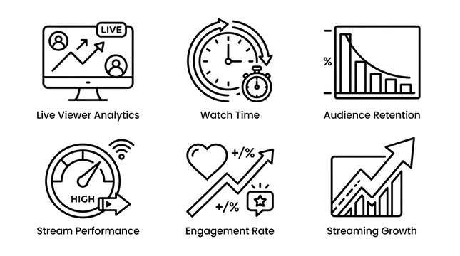 Video Streaming and Social Media Analytics Line Icon Set