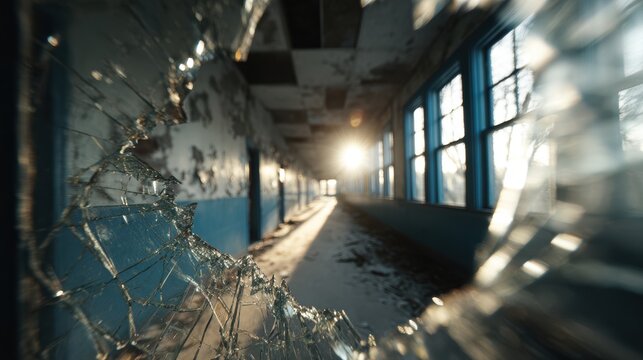 A view through a broken window into an abandoned hallway with peeling walls and natural light. Urban exploration theme for decay and lost.