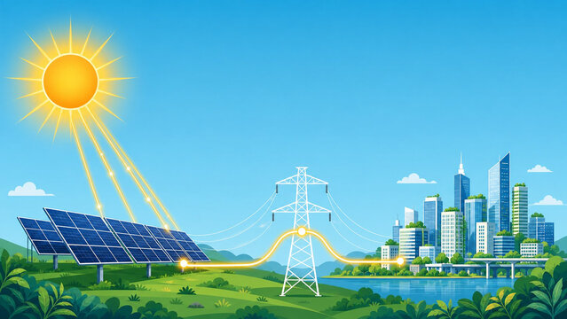 Solar energy concept diagram showing sun to solar panels to power grid to city skyline clean energy flow, solar power generation and electricity supply chain concept flat illustration