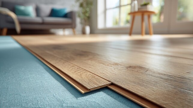 Laminate flooring installation with wooden planks interlocking over acoustic foam underlayment in a modern living room. Home renovation.