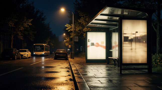 Empty bus stop with glowing ads at night, wet street reflects streetlights. Cars and bus pass on the road. Urban transit hub awaits commuters under dim glow.