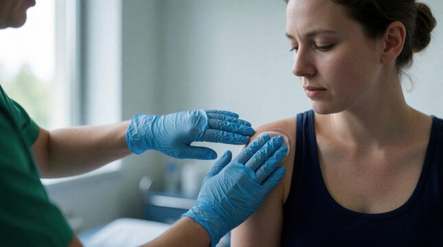 Doctor applies vaccine injection to woman arm in clinic. Healthcare worker wears blue gloves, patient looks concerned during medical procedure. Get flu shot, prevent illness.