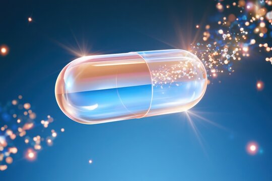 Floating transparent pill dissolving into glowing particle streams against blue background