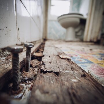 Old rusty bolts in a rotten wooden floor near a bathroom toilet in an abandoned house. Ideal for home renovation and decay concepts.