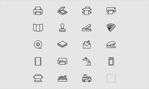 Printing house flat line icons. Print shop equipment - printer, scanner, offset machine, plotter, brochure, rubber stamp. Thin linear signs for polygraphy office, typography.